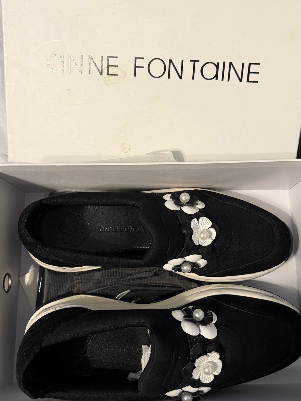 Anne Fontaine Black and White Floral Slip-On Sneakers